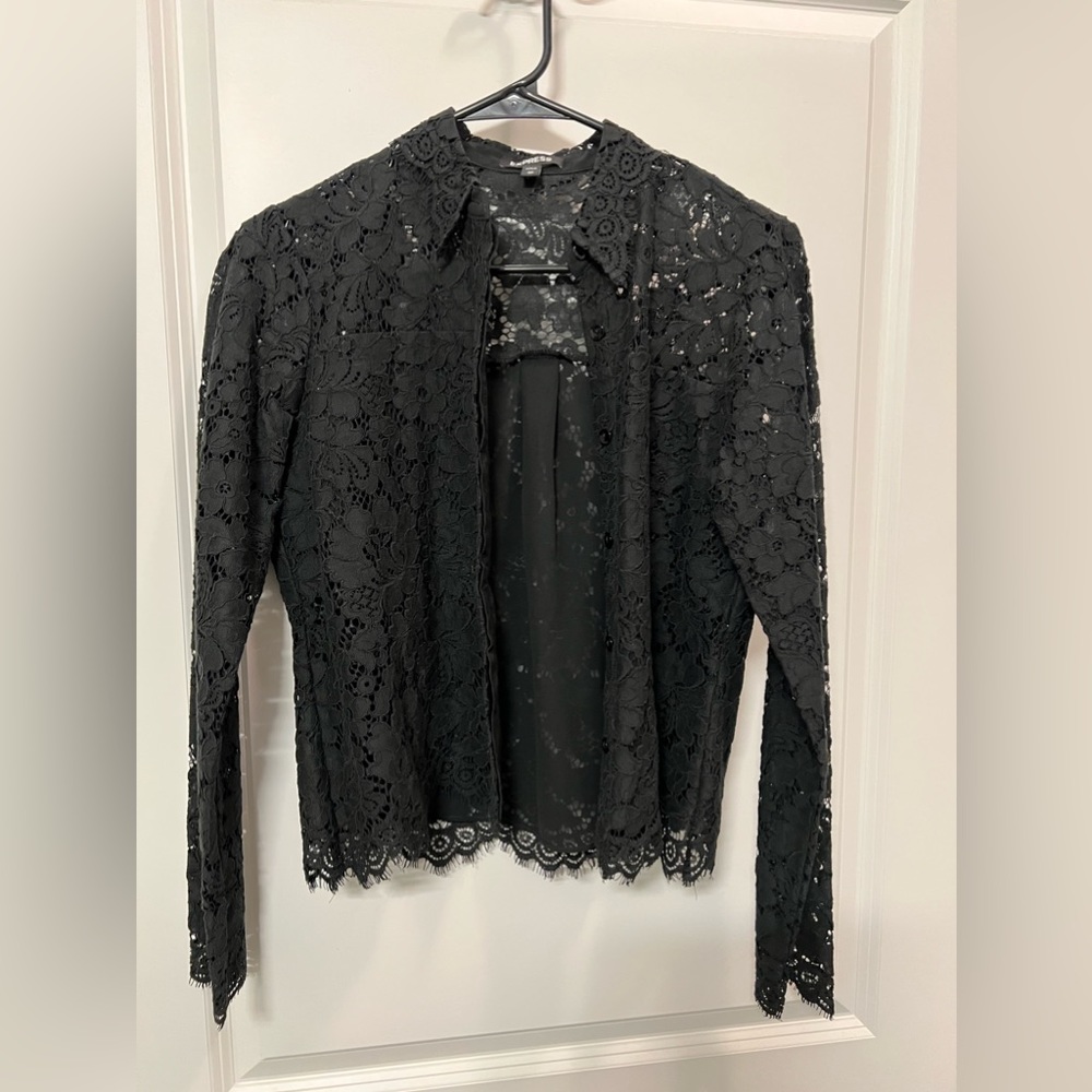Express black floral lace semi sheer button up